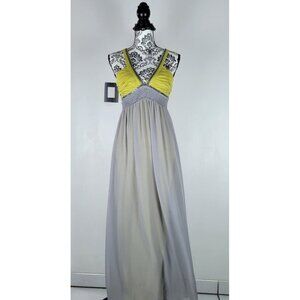 Arden B Maxi Halter Dress Womens Small V-Neck Yellow/Gray Elastic Weist